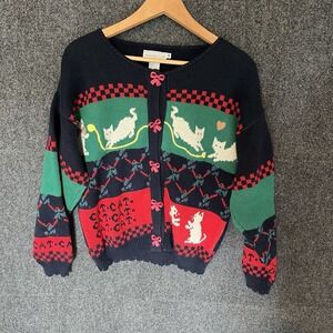 Sweater Loft Cat Coquette Cardigan Sweater Women's M Navy Green Red